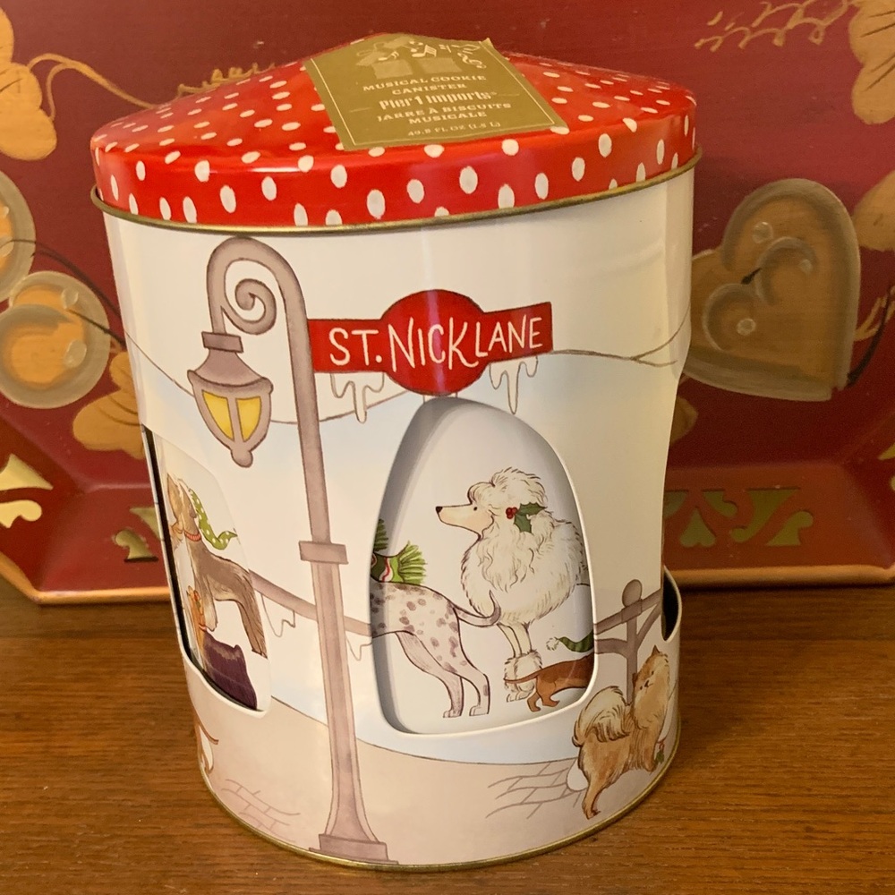 Pier 1 Christmas Rotating Musical Cookie Tin with Winter Dogs PlaysJingle Bells